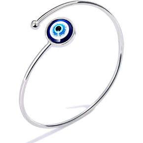 SmileBelle Silver Evil Eye Bangle Bracelets for Women, Mexican Adjustable Stainless Steel Cuff Bracelets for Women, mal de ojo Protection Bracelets as Mexican Gifts, Evil Eye Jewelry