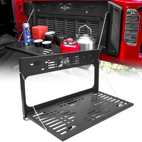 Drop Down Tailgate Table for 2007-2024 Wrangler JK & JL, Rear Trunk Foldable Cargo Shelf Storage Molle Panel Cargo Luggage Holder Carrier Wrangler Camping Accessories
