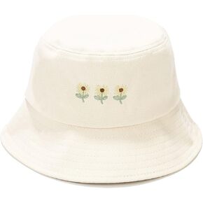 Umeepar Embroidered Bucket Hat Packable Foldable Beach Sun Hat Outdoor Cap for Women Men (Sunflowers Creamy White)