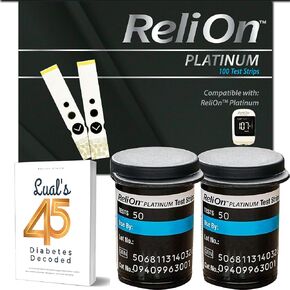 Relion Platinum Test Strips 100 Count. Compatible with ReliOn Platinum Meter, Testing Blood Glucose, Bundle with 45 Diabetes Decoded eBook Included