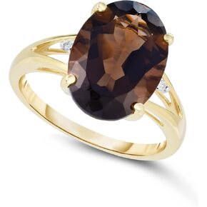 14K Yellow Gold 5-1/8Ct Oval Genuine Smoky Quartz Diamond Accent Ring. Size 7