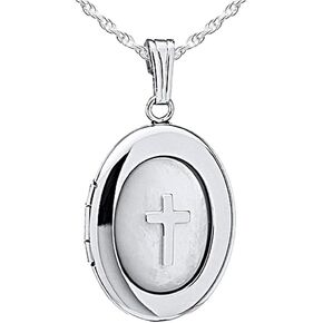 PicturesOnGold.com Sterling Silver Mother of Pearl Cross Oval Photo Locket