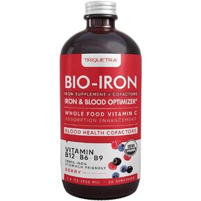 Liquid Iron Supplement | Organic Certified, Berry Flavor - Whole Food Vitamin C Absorption Boost & Blood Building B Vitamins - Methyl B12, L-Methylfolate & B6 - Supports Healthy Iron Levels - 7.6 oz