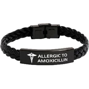 Medical Allergic to Amoxicillin Awareness Medical Symbol Braided Leather Bracelet,SOS Emergency Health Life Alert ID Engraved Stainless Steel Silver Jewelry Adjustable Bracelet for Men Women