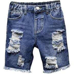 WDIRARA Boy's Elastic Waist Ripped Raw Hem Straight Leg Denim Shorts with Pockets
