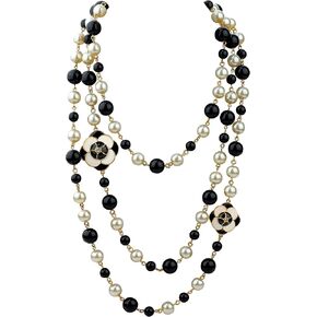 Vintage Inspired Imitation Pearl Long Strand Black and White Camellia Flower Costume Layered Necklace, Statement Multiple Strands Pendant for Women, Jewelry Gift
