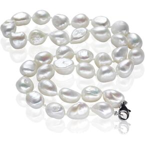 White Pearl Necklace Strand Genuine Freshwater Cultured Pearl Necklace 18" for Women