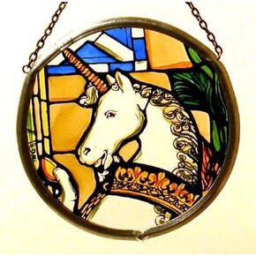 Decorative Hand Printed Stained Glass Window Sun Catcher/Roundelette in an Edinburgh Unicorn Design.
