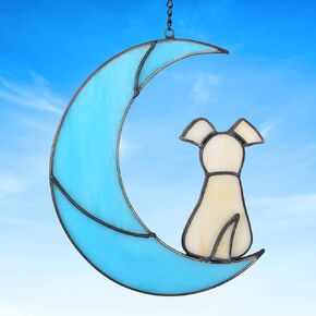 ShangTianFeng White Dog Suncatcher and Blue Moon Decor Hanging Stained Glass Suncatcher Window Decor, Dog Themed Gifts Dog Memorial Gifts for Loss of Dog, Dog Lover Gifts for Women Mom Grandma