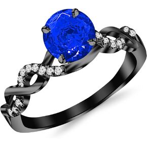 0.63 to 1.13 Carat 14K Black Gold Twisting Infinity Gold and Diamond Split Shank Pave Set Diamond Engagement Ring with Natural Blue Sapphire Center (Heirloom Quality)