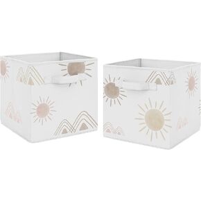 Sweet Jojo Designs Ivory Boho Bohemian Foldable Fabric Storage Cube Bins Boxes Organizer Toys Kids Baby Childrens - Set of 2 - Neutral Off White Farmhouse Chic Unisex Minimalist Fringe Macrame Cotton in Saudi Arabia