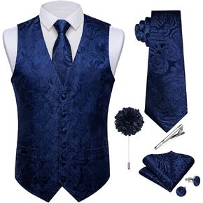 DiBanGu Mens Paisley Vest Tie Set with Lapel Pin Tie Clip 7PCS Silk Woven Necktie and V-Neck Suit Waistcoat for Tuxedo Party