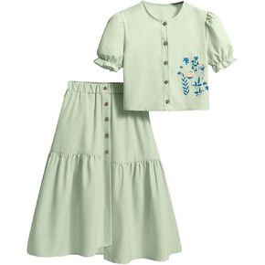 SweatyRocks Girl's 2 Pieces Outfit Puff Short Sleeve Floral Blouse and Ruffle A Line Skirts