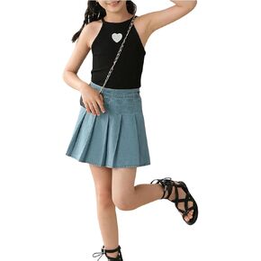 SweatyRocks Girl's 2 Piece Outfit Heart Print Halter Tank Top and Pleated Denim Skirt Set Multicolor
