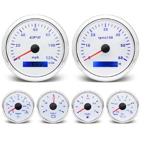 ARTILAURA 6 Gauge Set-85mm GPS Speedometer 120MPH, Tachometer, 52mm Fuel Level, Water Temperature, Oil Pressure, Voltage 7 Color Boat Gauges Kit for Marine AUTO (All Black)
