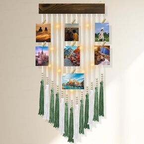 Macrame Wall Hanging Bohemian Photo Holder Display with Tassels Wooden Dowel Decorative LED Light Strings Hooks 20 Clips Boho Wall Art Gallery Hangers Handmade Tapestry Romantic Gift - Pink