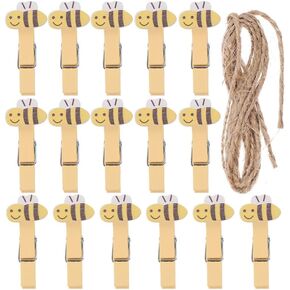 Vosarea 20pcs Clockespins Mini Wooden Cartoon Bee Photo مقاطع صور صغيرة من الأوتاد مع حبل خيط