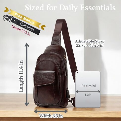 Genuine Leather Vintage USB Charging Port Crossbody Sling Bag with Key Ring, Adjustable Strap, Cowhide Leather Backpack in Saudi Arabia