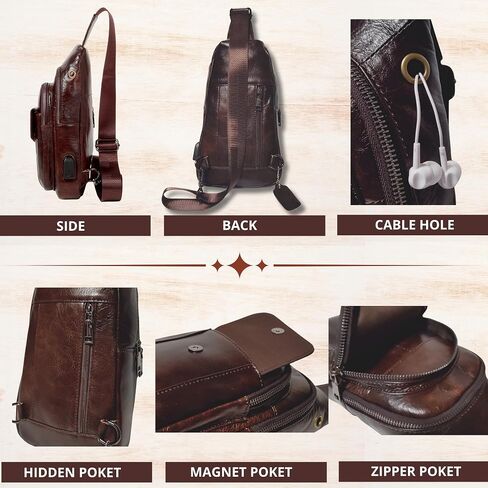Genuine Leather Vintage USB Charging Port Crossbody Sling Bag with Key Ring, Adjustable Strap, Cowhide Leather Backpack in Saudi Arabia