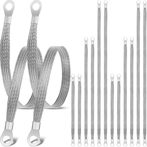 Kingdder 12 Pcs Ground Straps, 10/15/20 Inch Engine Universal Automotive Grounding Cable Straps Kit with Ring Terminals Flat Braided Copper Tinned Copper Ground Wire for Most Cars(Silver) in Kuwait