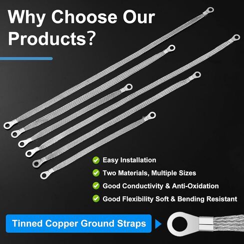 Kingdder 12 Pcs Ground Straps, 10/15/20 Inch Engine Universal Automotive Grounding Cable Straps Kit with Ring Terminals Flat Braided Copper Tinned Copper Ground Wire for Most Cars(Silver) in Kuwait