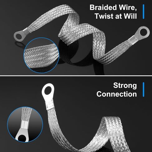 Kingdder 12 Pcs Ground Straps, 10/15/20 Inch Engine Universal Automotive Grounding Cable Straps Kit with Ring Terminals Flat Braided Copper Tinned Copper Ground Wire for Most Cars(Silver) in Kuwait