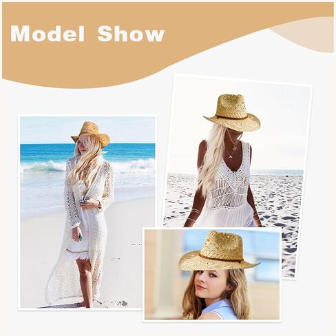 قبعات رعاة البقر الغربية للنساء للنساء قبعة رعاة البقر اللامعة لقبعة العطلات قبعة شاطئ الشاطئ مع حافة واسعة in Kuwait
