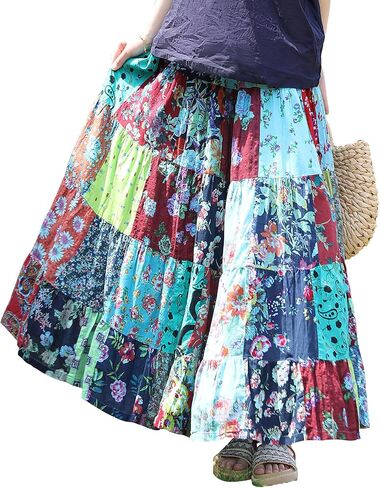 Boho Women Printed Cotton Linen Maxi Skirt Casual Patchwork Skirt Beach Travel Outfit in Saudi Arabia