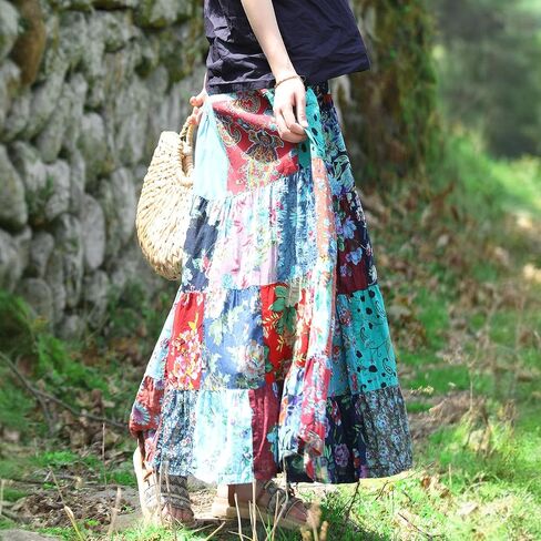 Boho Women Printed Cotton Linen Maxi Skirt Casual Patchwork Skirt Beach Travel Outfit in Saudi Arabia