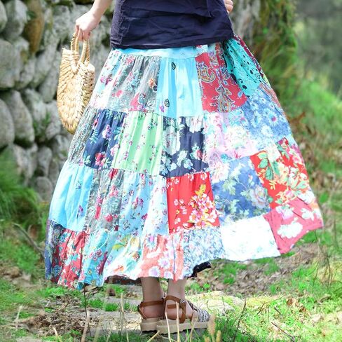 Boho Women Printed Cotton Linen Maxi Skirt Casual Patchwork Skirt Beach Travel Outfit in Saudi Arabia