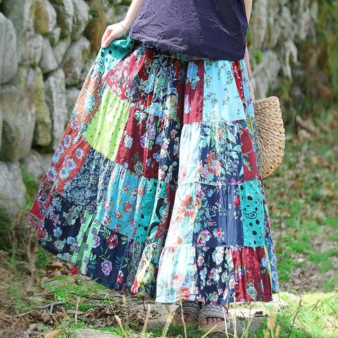 Boho Women Printed Cotton Linen Maxi Skirt Casual Patchwork Skirt Beach Travel Outfit in Saudi Arabia