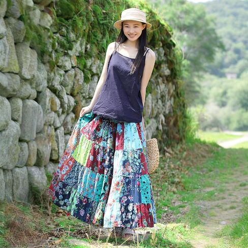 Boho Women Printed Cotton Linen Maxi Skirt Casual Patchwork Skirt Beach Travel Outfit in Saudi Arabia