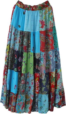 Boho Women Printed Cotton Linen Maxi Skirt Casual Patchwork Skirt Beach Travel Outfit in Saudi Arabia