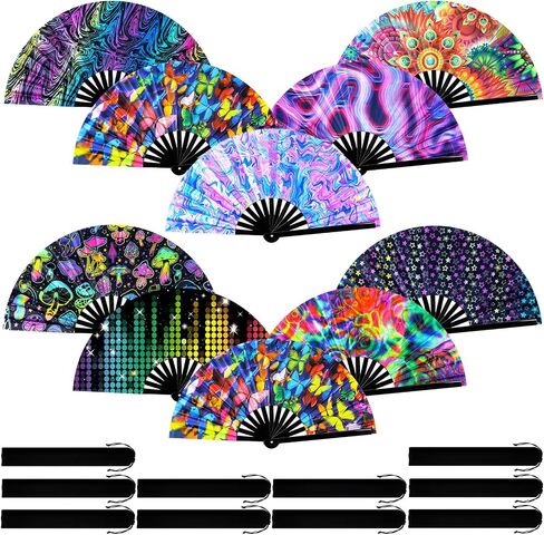 Pinkunn 10 Pcs UV Glow Large Rave Hand Folding Fan with Bamboo Ribs and Case Craft Rave Rainbow Hand Fan for Drag Queen Dance Music Festival Party Gifts(Classic) in Saudi Arabia