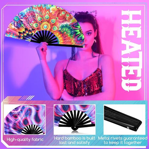 Pinkunn 10 Pcs UV Glow Large Rave Hand Folding Fan with Bamboo Ribs and Case Craft Rave Rainbow Hand Fan for Drag Queen Dance Music Festival Party Gifts(Classic) in Saudi Arabia