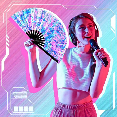 Pinkunn 10 Pcs UV Glow Large Rave Hand Folding Fan with Bamboo Ribs and Case Craft Rave Rainbow Hand Fan for Drag Queen Dance Music Festival Party Gifts(Classic) in Saudi Arabia
