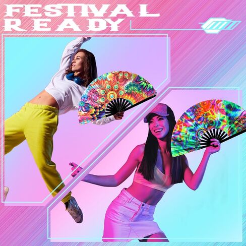 Pinkunn 10 Pcs UV Glow Large Rave Hand Folding Fan with Bamboo Ribs and Case Craft Rave Rainbow Hand Fan for Drag Queen Dance Music Festival Party Gifts(Classic) in Saudi Arabia