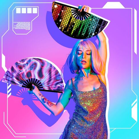 Pinkunn 10 Pcs UV Glow Large Rave Hand Folding Fan with Bamboo Ribs and Case Craft Rave Rainbow Hand Fan for Drag Queen Dance Music Festival Party Gifts(Classic) in Saudi Arabia