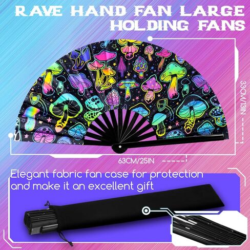 Pinkunn 10 Pcs UV Glow Large Rave Hand Folding Fan with Bamboo Ribs and Case Craft Rave Rainbow Hand Fan for Drag Queen Dance Music Festival Party Gifts(Classic) in Saudi Arabia