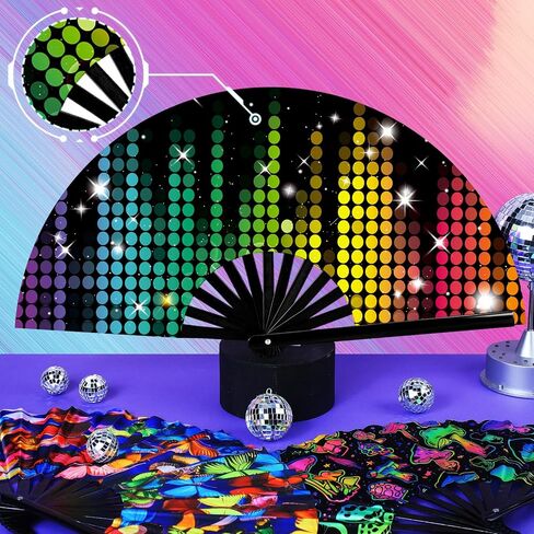 Pinkunn 10 Pcs UV Glow Large Rave Hand Folding Fan with Bamboo Ribs and Case Craft Rave Rainbow Hand Fan for Drag Queen Dance Music Festival Party Gifts(Classic) in Saudi Arabia