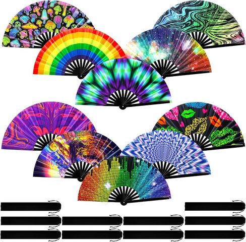 Pinkunn 10 Pcs UV Glow Large Rave Hand Folding Fan with Bamboo Ribs and Case Craft Rave Rainbow Hand Fan for Drag Queen Dance Music Festival Party Gifts(Classic) in Saudi Arabia