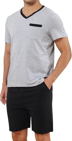 Mens Pyjamas Set Cotton Short Sleeve and Shorts 2 Piece PJ Set Soft Comfy Loungewear V Nect Men's Nightwear Set in Saudi Arabia