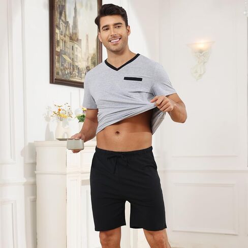 Mens Pyjamas Set Cotton Short Sleeve and Shorts 2 Piece PJ Set Soft Comfy Loungewear V Nect Men's Nightwear Set in Saudi Arabia