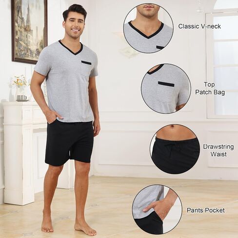 Mens Pyjamas Set Cotton Short Sleeve and Shorts 2 Piece PJ Set Soft Comfy Loungewear V Nect Men's Nightwear Set in Saudi Arabia