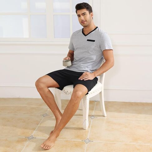 Mens Pyjamas Set Cotton Short Sleeve and Shorts 2 Piece PJ Set Soft Comfy Loungewear V Nect Men's Nightwear Set in Saudi Arabia