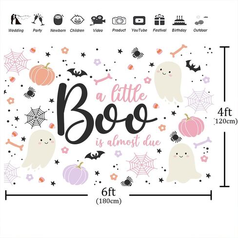 Aperturee 7x5ft Halloween Baby Shower Backdrop A Little Boo is Almost Due Blush Pink Pumpkin Skull Spider Web Bat Photography Background Party Cake Table Decor Banner Photo Booth Props in Saudi Arabia