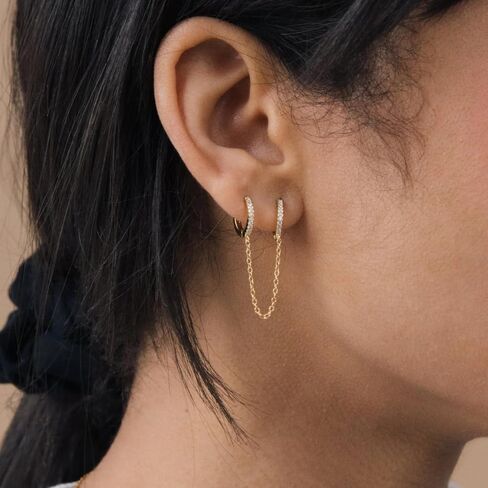 Caitlynminimalist 18k الذهب الذهب لذيذ سلسلة الأذن الكفة مزدوجة ثقب سلسلة التدوير أوبال | أقراط مسمار الماس للنساء in Saudi Arabia