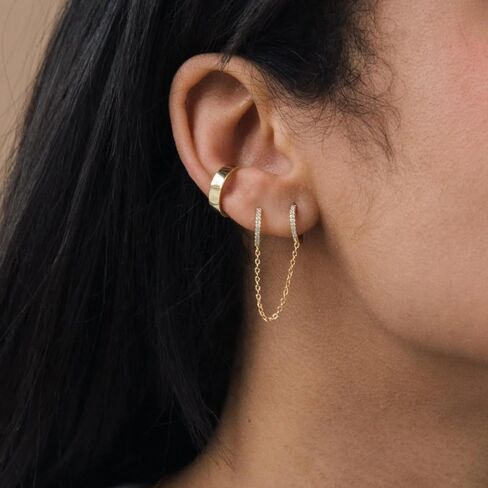 Caitlynminimalist 18k الذهب الذهب لذيذ سلسلة الأذن الكفة مزدوجة ثقب سلسلة التدوير أوبال | أقراط مسمار الماس للنساء in Saudi Arabia