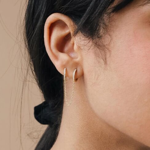 Caitlynminimalist 18k الذهب الذهب لذيذ سلسلة الأذن الكفة مزدوجة ثقب سلسلة التدوير أوبال | أقراط مسمار الماس للنساء in Saudi Arabia
