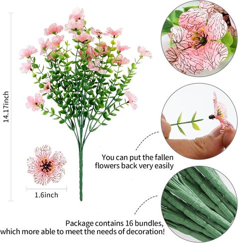 Artificial Fake Flowers Outdoor Spring Summer Decoration, 16 Bundles Faux Eucalyptus Violet Realistic UV Resistant for Outside Home Planter Porch Patio Yard Decor (Pink Eucalyptus) in Saudi Arabia